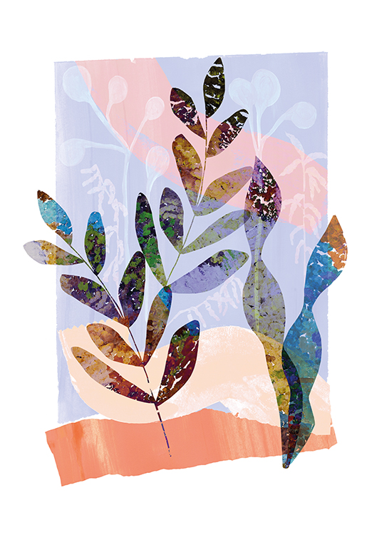  – Abstract illustration with leaves against a colourful background