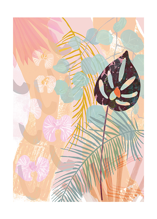  – Illustration with colourful, tropical leaves on a background in various pastel colours
