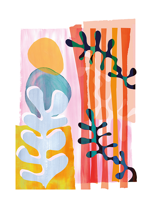  – Abstract illustration with seaweed and coral shapes on a colourful background