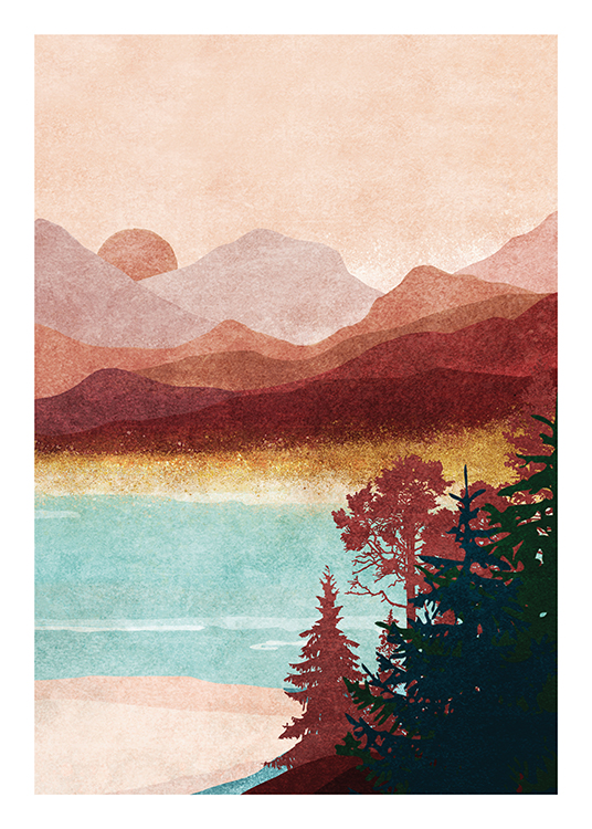  – Illustration of an abstract mountain landscape in red and pink, with water and trees in the foreground