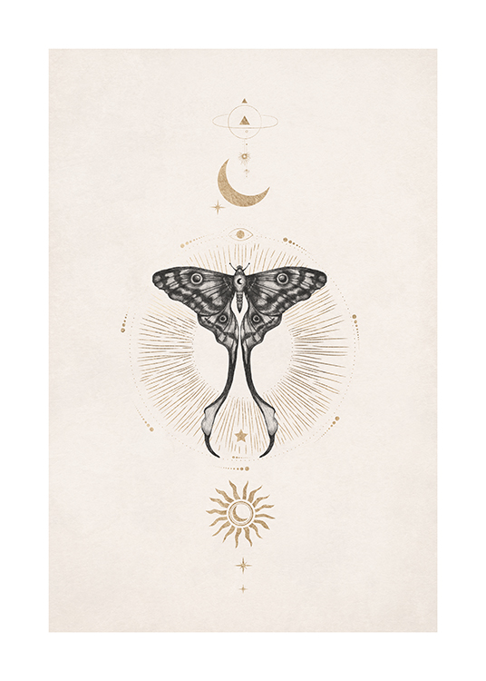  – A symmetrical print featuring a moon, sun, and butterfly