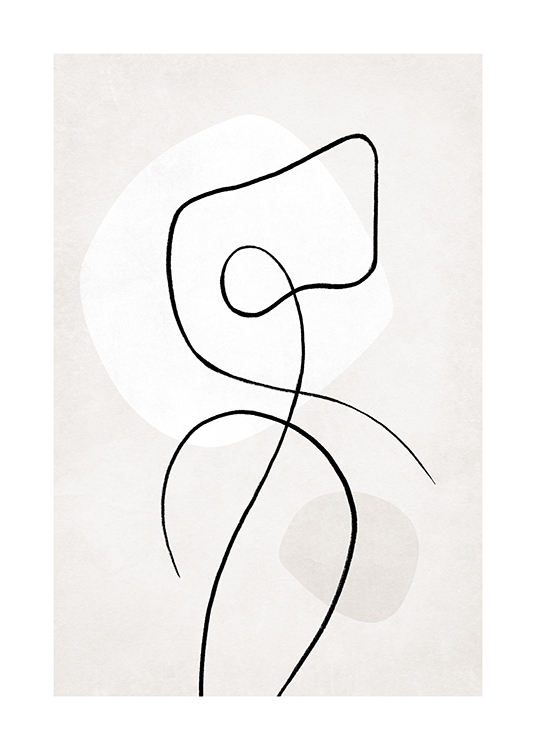  – Line art illustration with a black, abstract body on a light grey background with round shapes