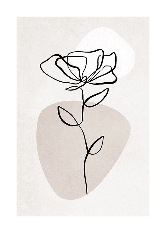  – Illustration in line art of a black flower against a background in light grey with a white and beige shape