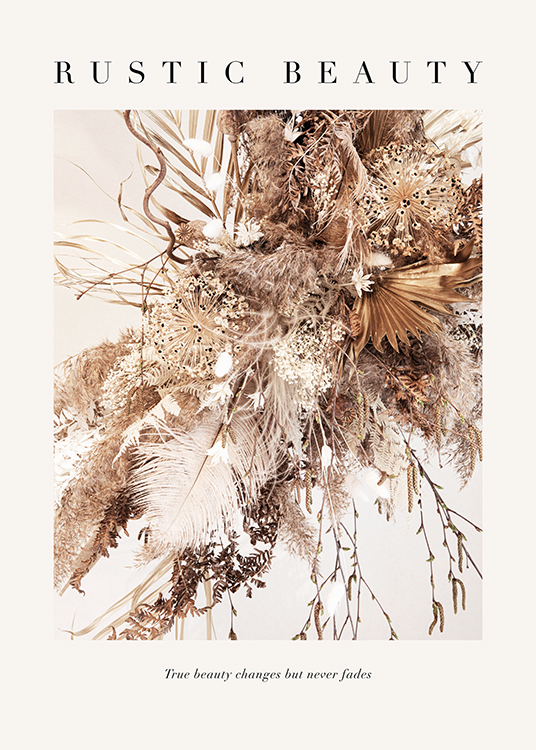 – Photograph of a beige flower bouquet with feathers, dried grass and flowers