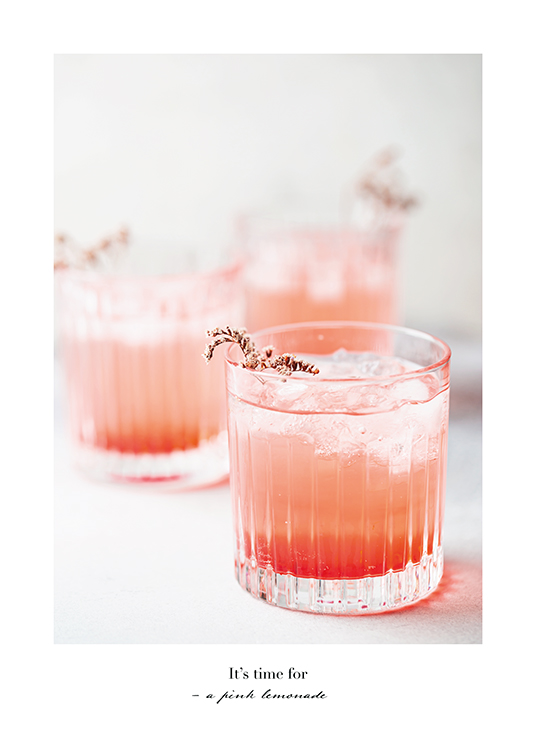  – Photograph of drink glasses with pink lemonade and black text at the bottom