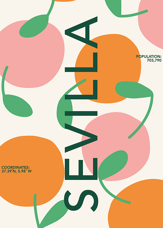  – Graphic illustration with abstract green leaves and pink and orange circles with text across the image