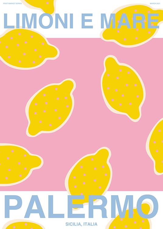  – Graphic illustration with blue text and yellow lemons on a white and pink background