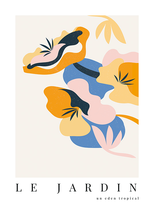  – Abstract illustration with pink, orange, blue and yellow flowers on a light beige background