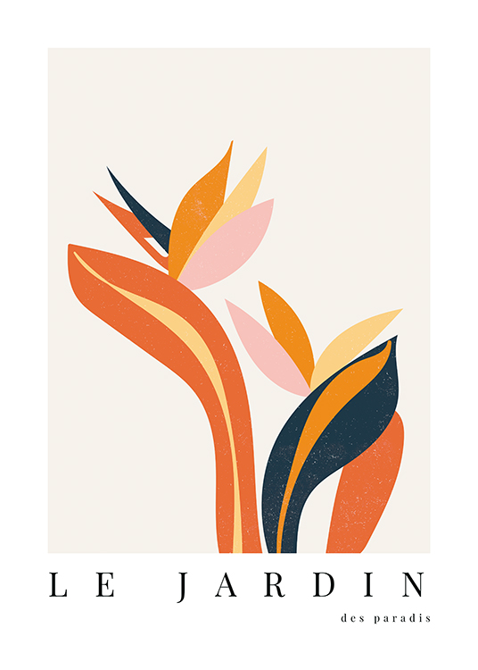  – Abstract flower illustration in orange, pink, blue and yellow on a light beige background