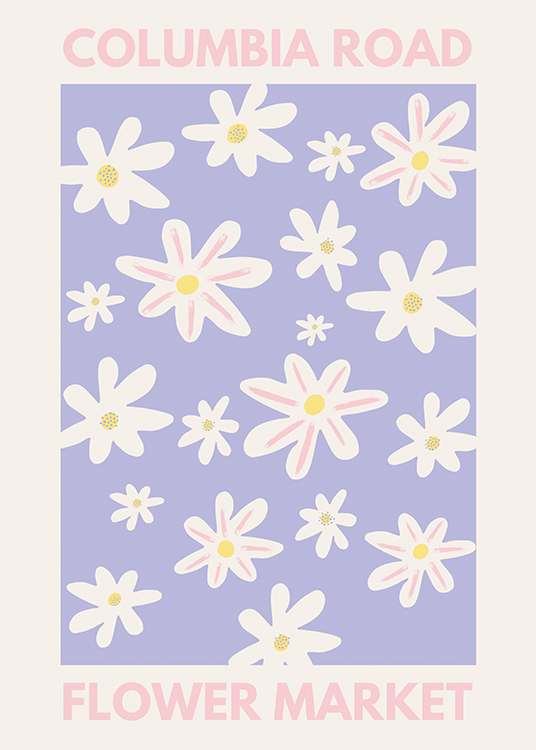  – Graphic illustration with a flower pattern with white flowers on a purple background