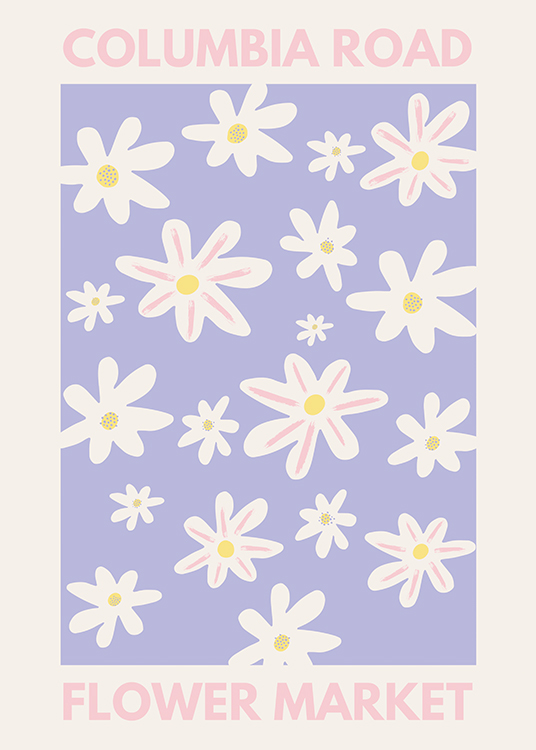 – Graphic illustration with a flower pattern with white flowers on a purple background