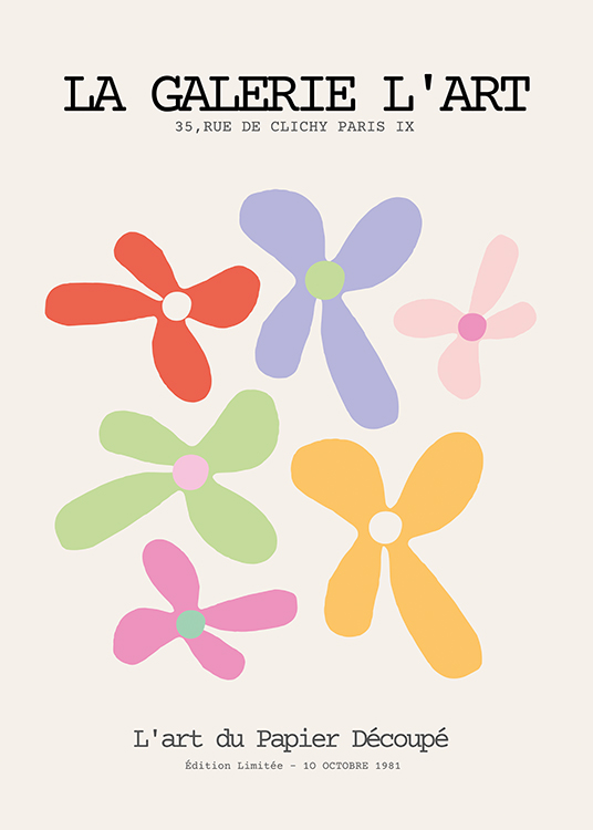  – Graphic illustration of flowers in bright colours on a light beige background