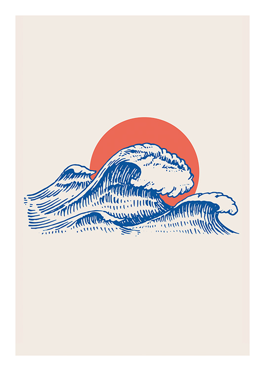  – Illustration of blue ocean waves with a red sun behind them, on a beige background