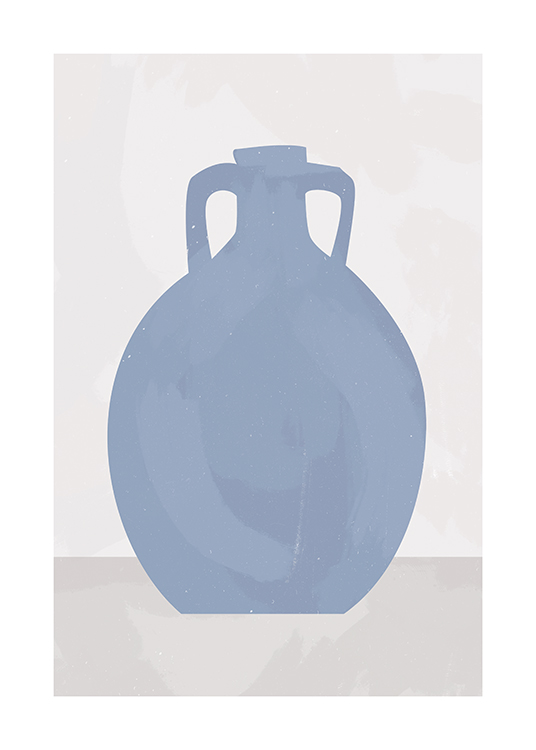  – Illustration with a handdrawn blue ceramic vase with handles on the sides, on a beige background