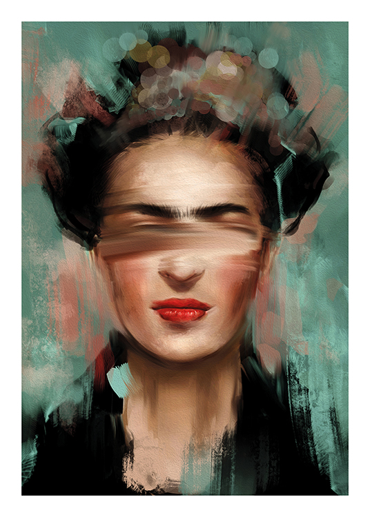  – Abstract painting of Frida Kahlo with a green and pink background