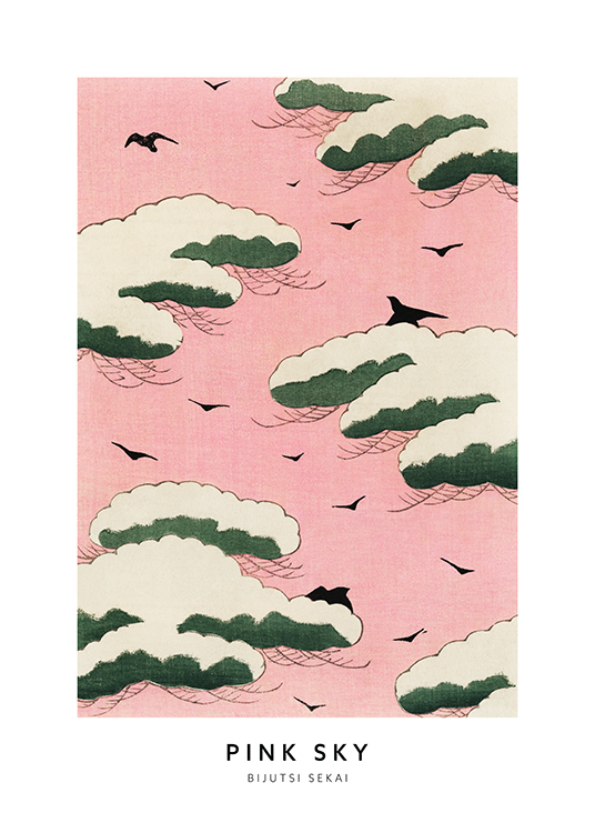  – Illustration of green and white clouds in a pink sky and black birds
