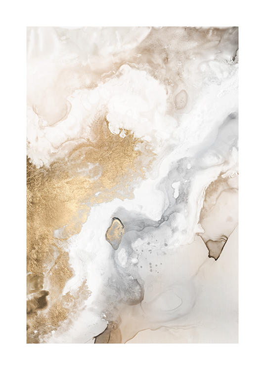  – Abstract painting in white, beige and gold with flowing colours