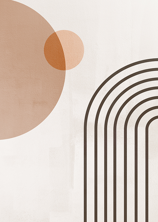  – Graphic illustration of an arch made out of lines and beige circles on a light background