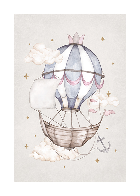  – Illustration of a boat attached to a blue hot air balloon, surrounded by clouds and sparkles