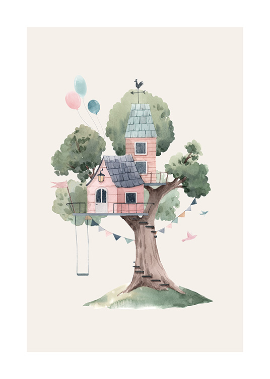  – Illustration of a pink tree house, balloons and a swing in a green tree against a light beige background