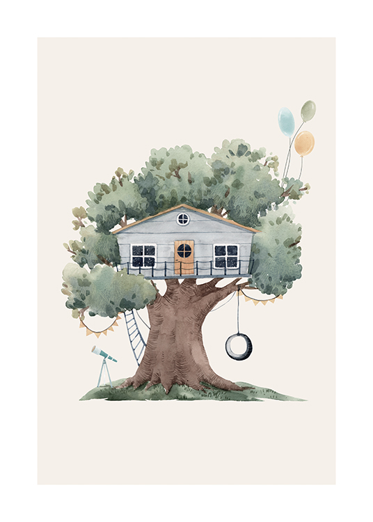 – Illustration of a blue house in a green tree with a swing and balloons, against a light beige background