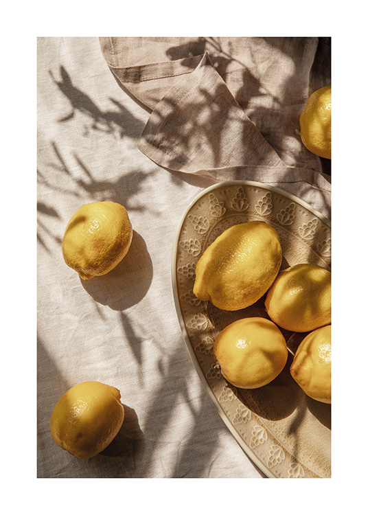  – A plate of freshly picked lemons on a dining table