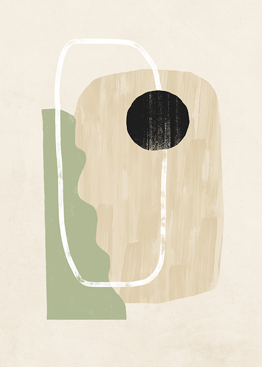  – Illustration with green, beige, black and white abstract shapes on a light beige background