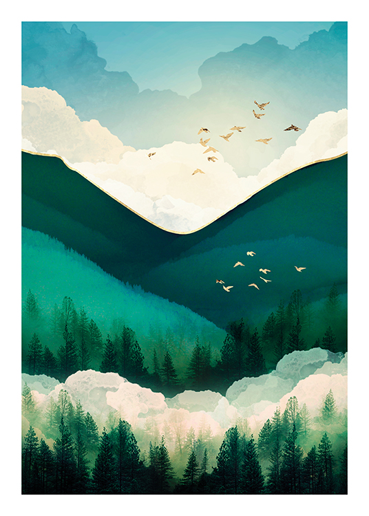 – Graphic illustration with green hills, trees and white clouds and golden birds flying in the sky