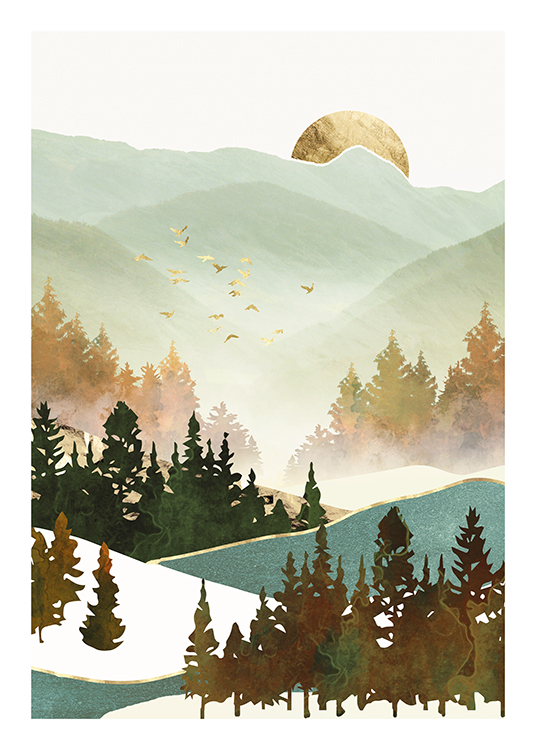 – Graphic illustration of a green and gold landscape with golden birds and a golden sun