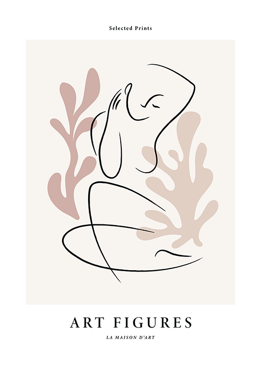  – Abstract illustration with beige leaves and a woman drawn in line art on a light background