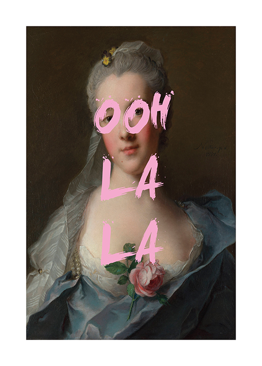  – Painting with portrait of a woman in a blue dress with pink text in the centre