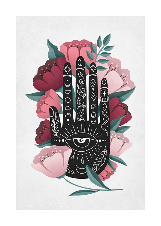  – Illustration of pink flowers surrounding a hand with spiritual symbols on it