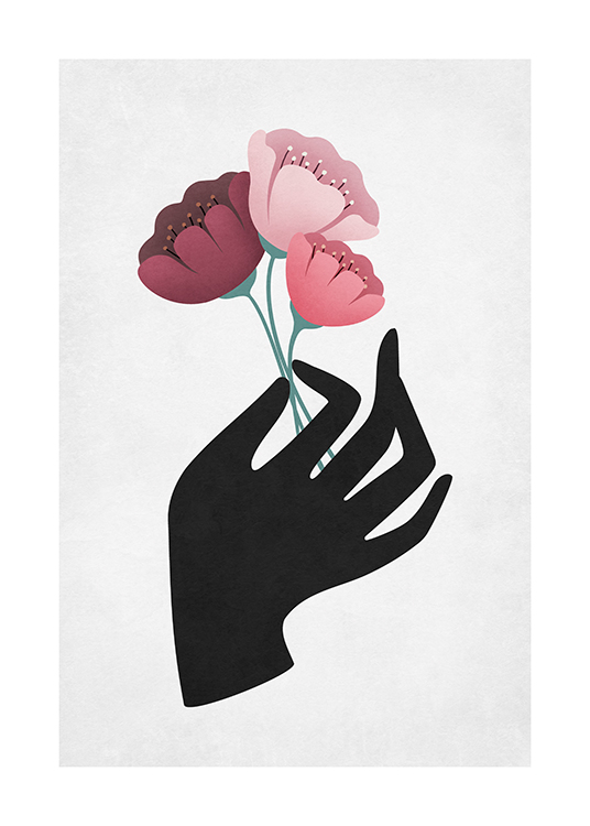  – Illustration of three pink flowers held by a black hand against a light grey background