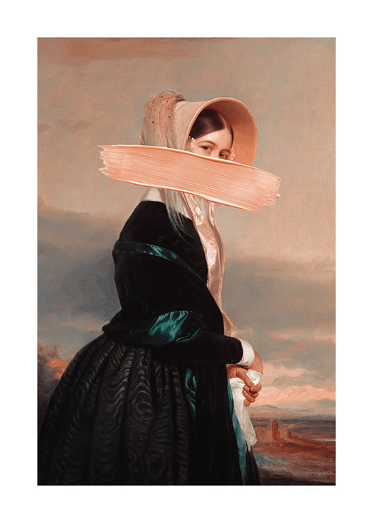  – Portrait painted of a woman with a beige bonnet and dark green dress and a paint stroke across her face