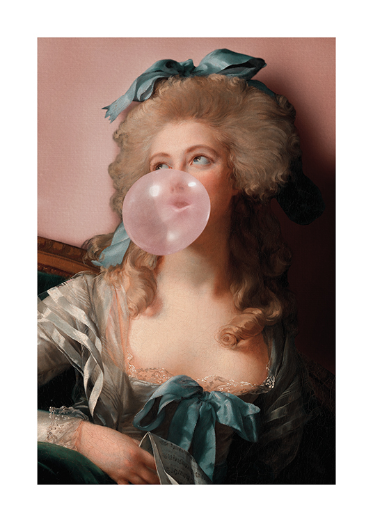  – Portrait painted of a woman with a bow in her hair, blowing a pink bubblegum