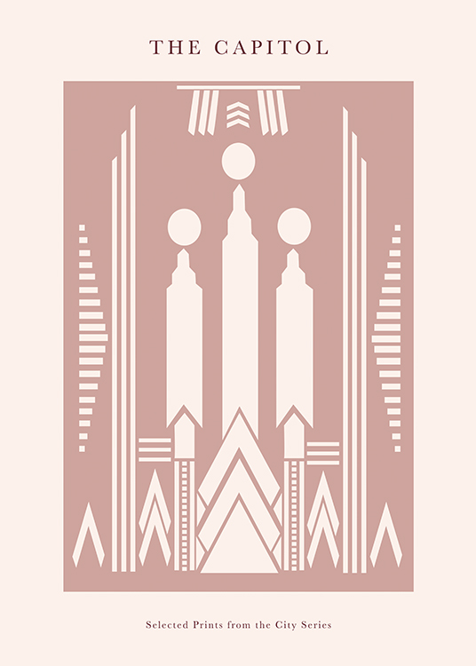  – Graphic illustration with light beige, abstract skyscrapers on a pink and light beige background