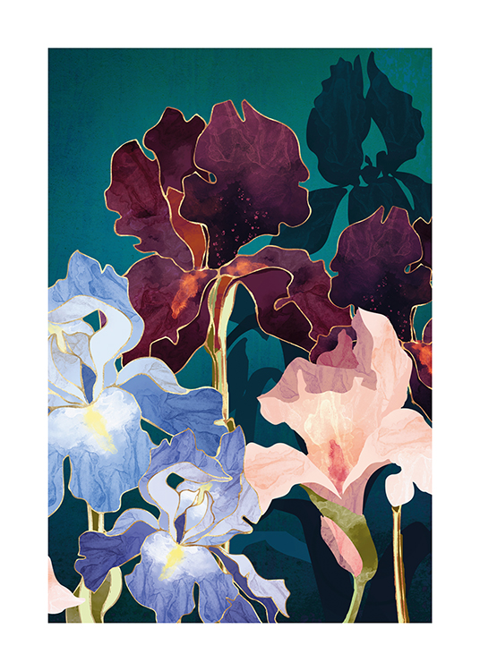 – Illustration with blue, pink and dark purple iris flowers on a green-blue background