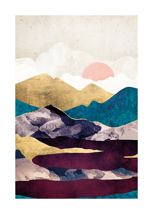 – Illustration with gold and blue mountains behind a dark red lake, with a beige sky in the background