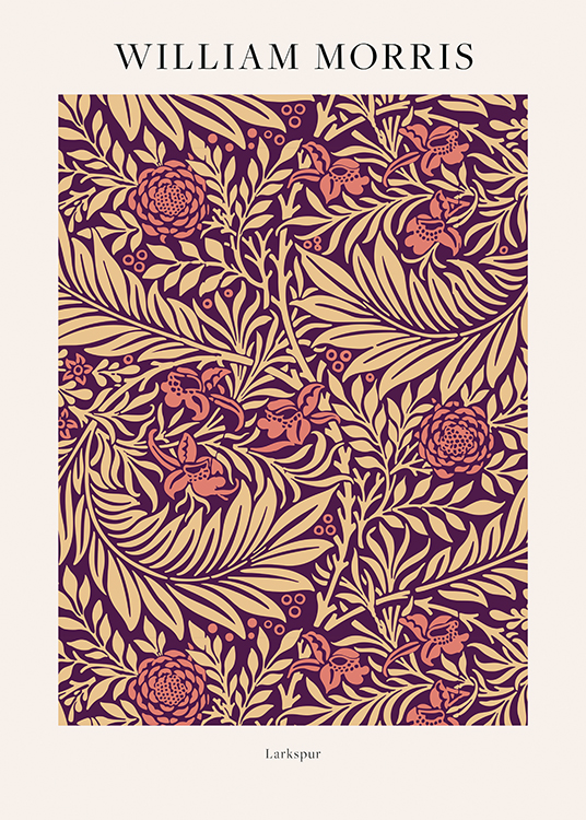  – Illustration with pink flowers and beige leaves against a dark purple background