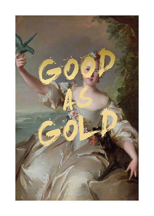  – Portrait painted of a woman in a beige gown with gold text in the middle