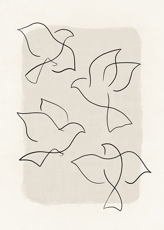  – Line art illustration with black birds against a beige background with texture