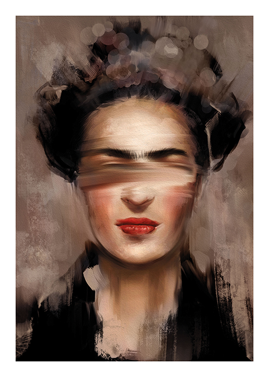  – Painting with an abstract portrait of Frida Kahlo with red lips against a beige and brown background