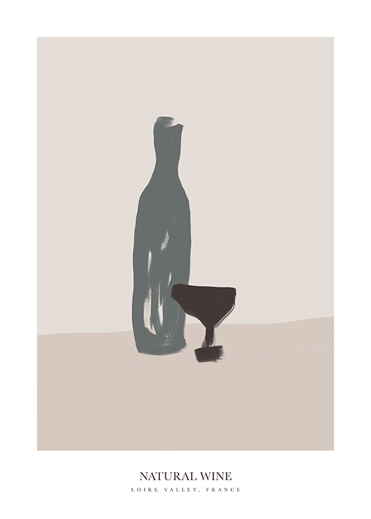  – Illustration of a wine glass and wine bottle in grey, against a beige background