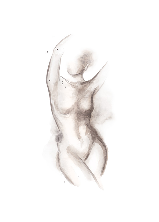  – Sketch of a female, naked body with arms stretched upwards against a white background
