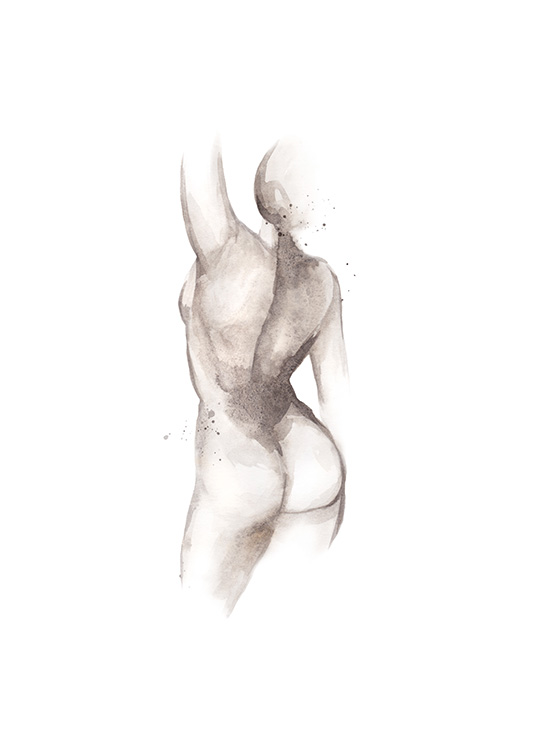  – Sketch of a naked woman's body seen from behind, drawn on a white background