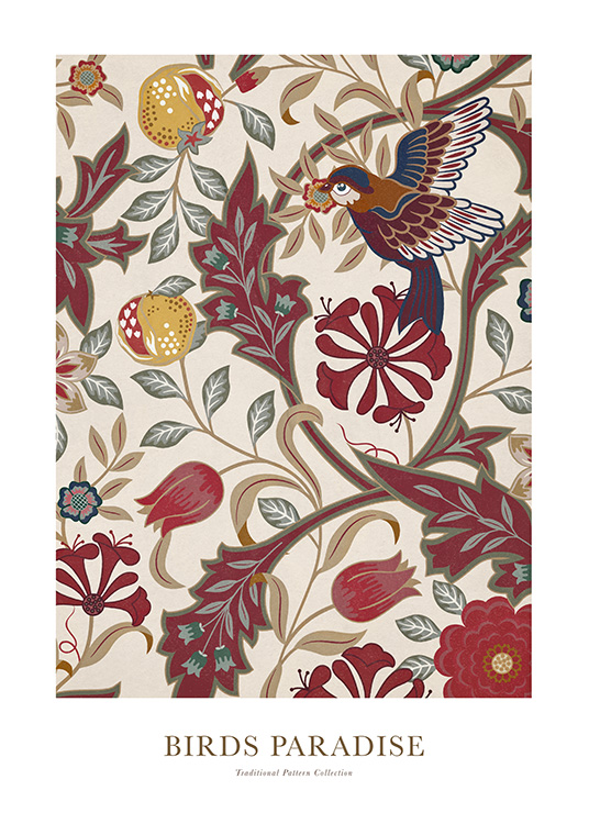  – Illustration with a bird and flowers in red, grey and beige on a light beige background
