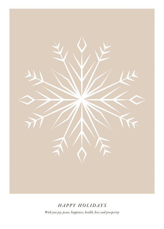 – Illustration of a white, abstract snow flake against a beige background and text underneath