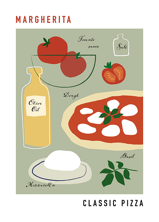  – Graphic illustration with the ingredients of a margherita pizza and text on a grey-green background