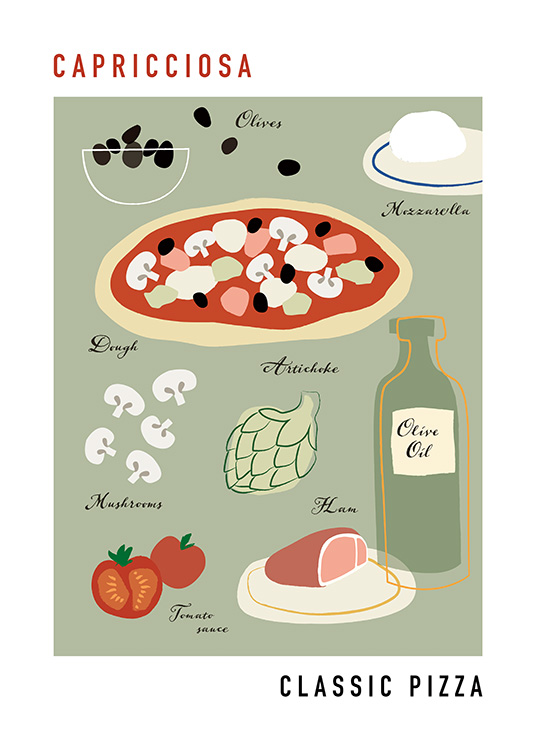  – Graphic illustration with capricciosa ingredients and a pizza on a grey-green background