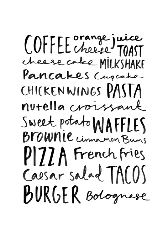  – Black text with different drinks and food against a white background
